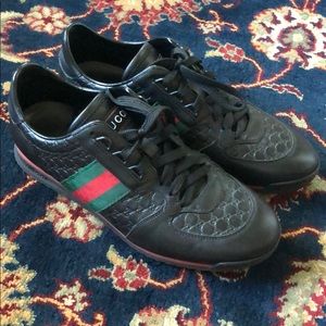 Authentic Black Gucci Leather Sneaker with Web.